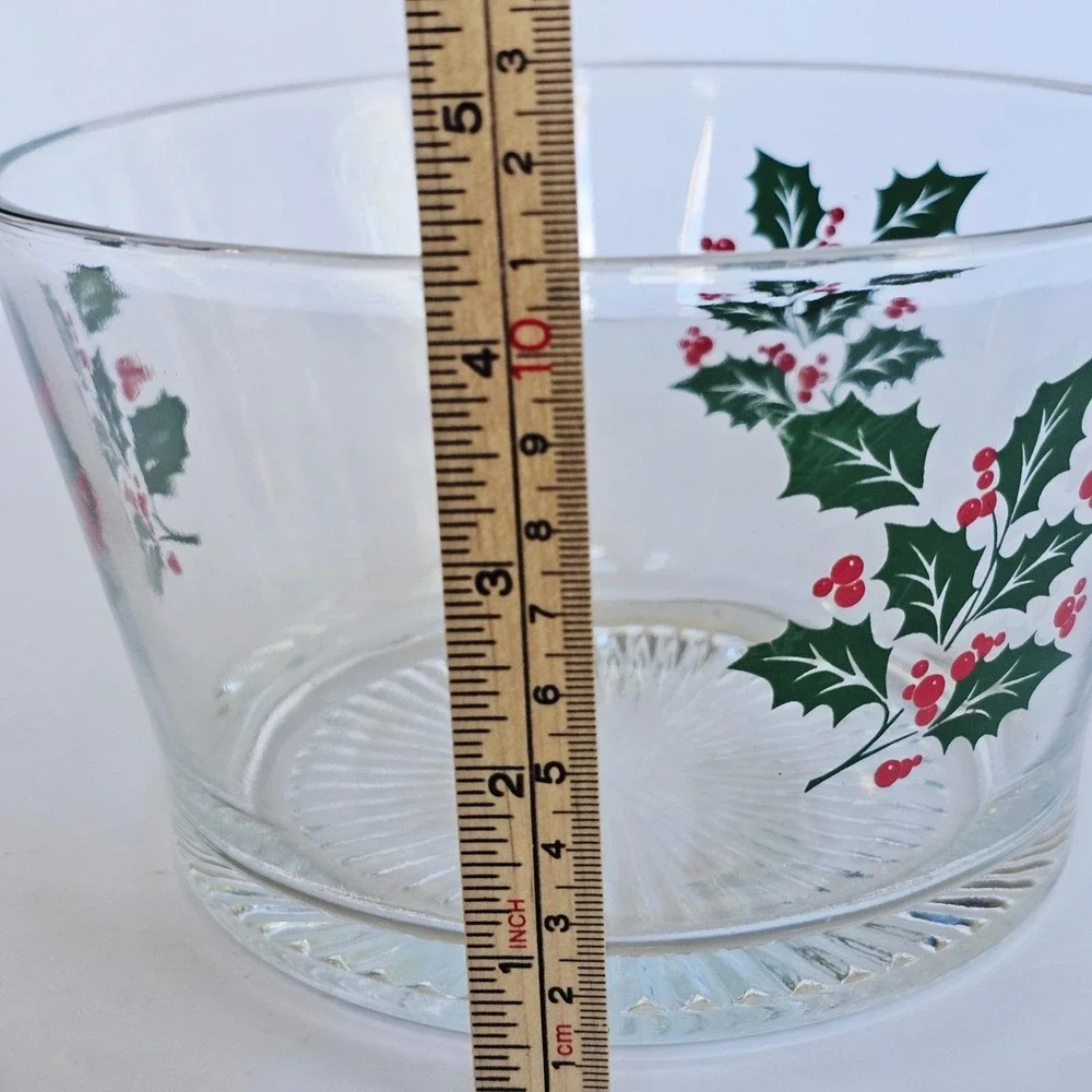 Vintage Christmas Glass Serving Bowl Holly Berry Pattern Holiday Tablescape